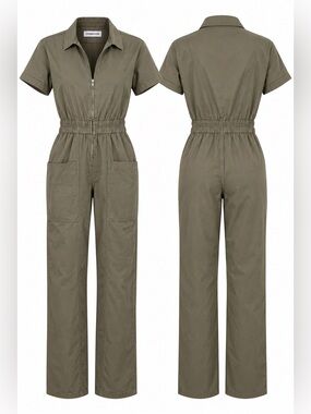OVERLOVER Olive Green Utility Jumpsuit Size L Cotton Short Sleeve